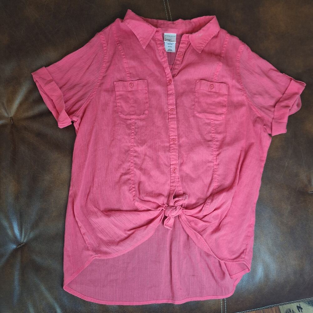 Just My Size Womens 2X Pink Button Down Shirt Short Roll Sleeve Front Tie Top